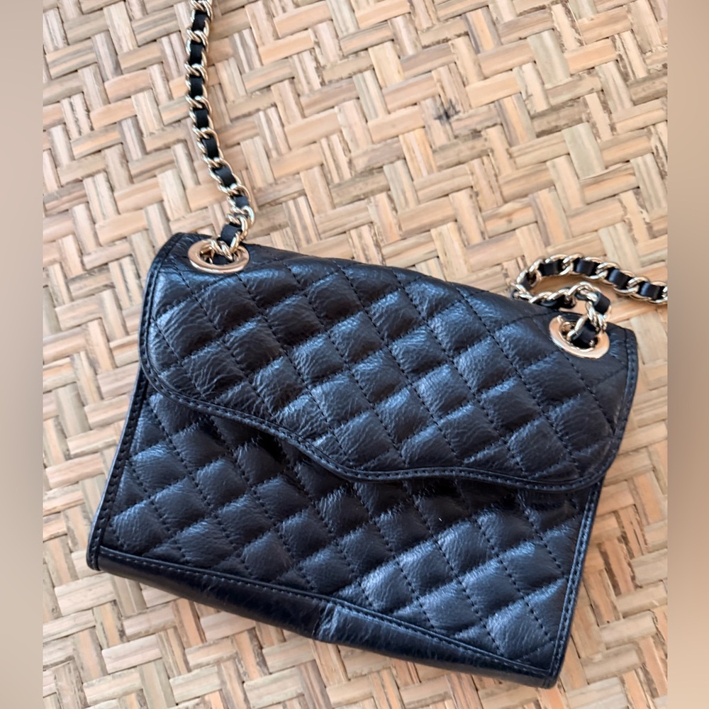 REBECCA MINKOFF BLACK LEATHER QUILTED PURSE 2 WAY SHOULDER CROSSBODY GOLD CHAIN - Picture 7 of 13
